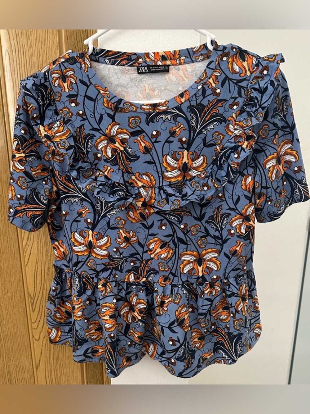 Zara Blue Floral Peplum Blouse Ruffle Top Size Small